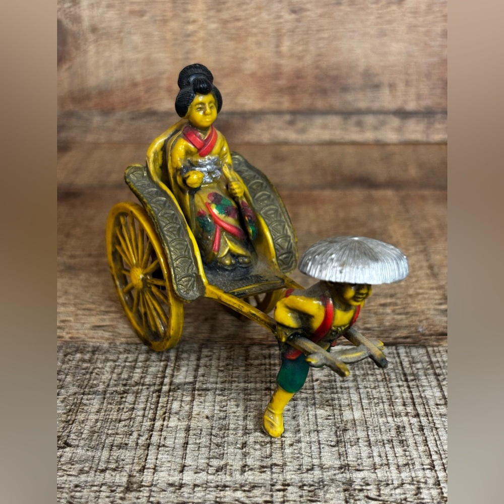 Vintage 1940s Celluloid Japanese Rickshaw Man Pulling Geisha Figurine